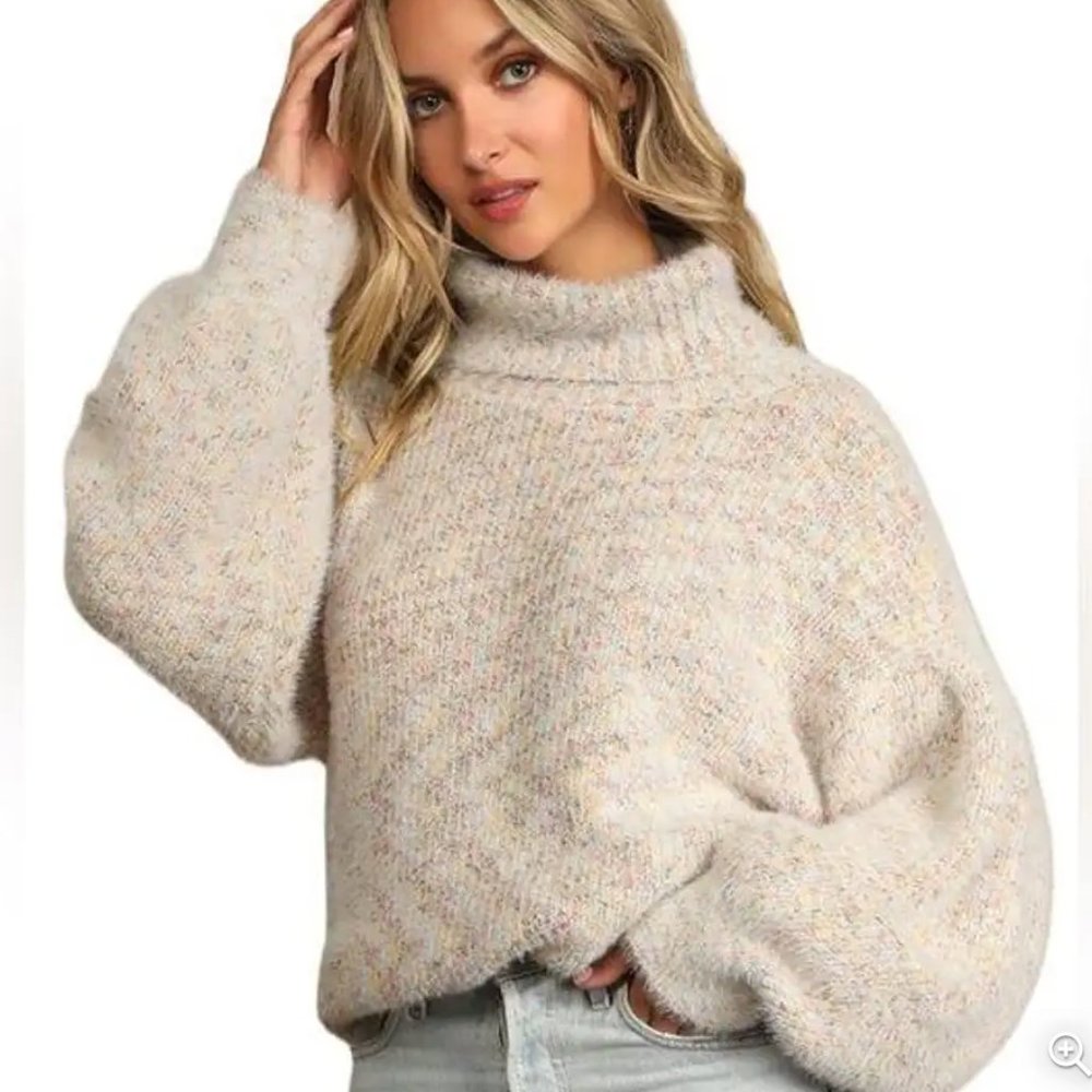 LULU’s Get Creative Cream Oversized cowl turtleneck multi speckled soft sweater